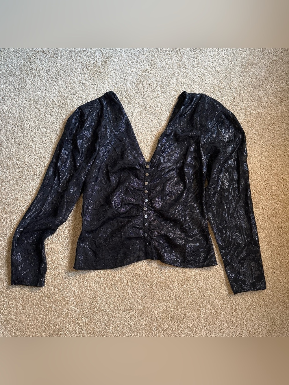 Mango Black Shimmery Long-Sleeve Button Front Blouse